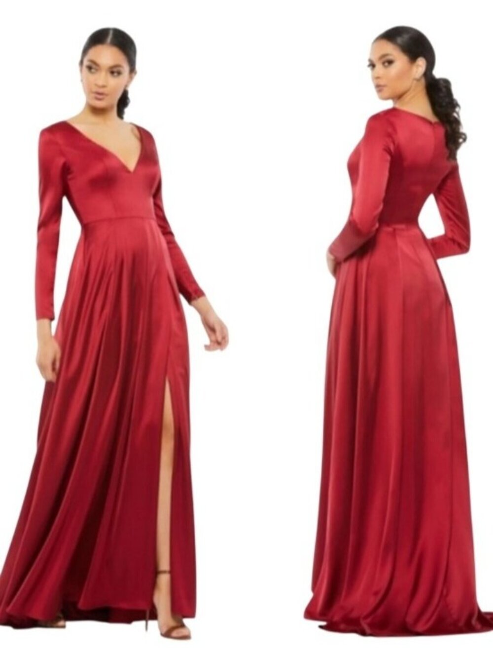 leena Mac Duggal Satin V-neck Long Sleeve Pleated Gown New Wine Red Size 4